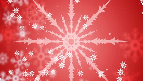 Animation-of-snow-falling-over-christmas-snowflakes-on-red-background