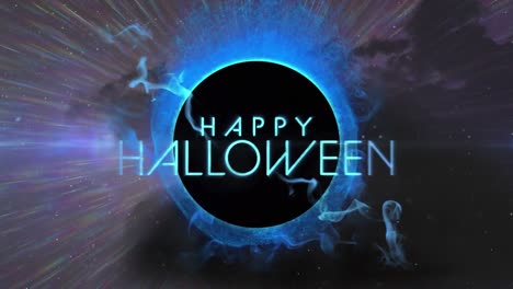 Animation-of-happy-halloween-text-over-black-circle-on-black-background