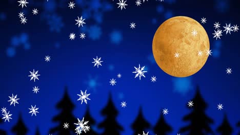 Animation-Von-Schnee,-Der-über-Eine-Weihnachtliche-Winterlandschaft-Mit-Bäumen,-Mond-Und-Himmel-Fällt