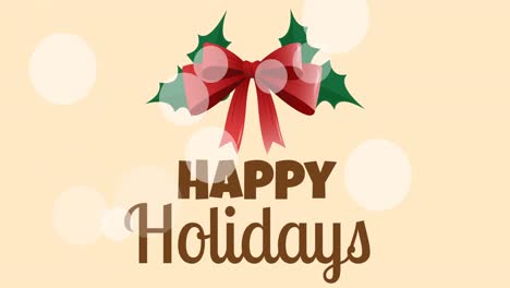 Animation-of-happy-holidays-text-with-christmas-decorations-and-light-spots-on-yellow-background