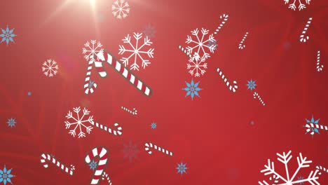 Animation-Von-Fallenden-Schneeflocken-Und-Zuckermais-Auf-Rotem-Hintergrund