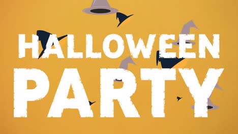 Animation-Einer-Halloween-Party-Und-Schwebender-Hexenhüte-Auf-Gelbem-Hintergrund