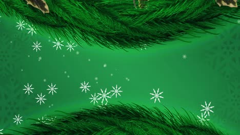 Animation-of-snow-falling-over-christmas-fir-tree-on-green-background