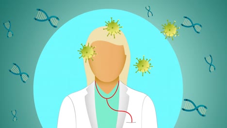 Animation-Grüner-Coronavirus-Zellen-über-Einer-Ärztin,-Mit-DNA-Strängen-Auf-Grünem-Hintergrund