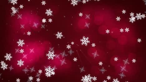 Animation-of-snow-falling-over-red-christmas-light-spots-on-red-background