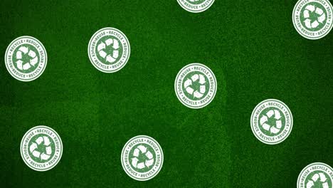 Animation-of-recycling-symbols-in-circles-floating-on-green-background