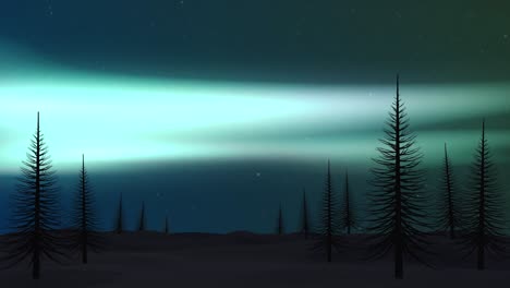 Animation-of-aurora-borealis-glowing-over-silhouettes-of-fir-trees