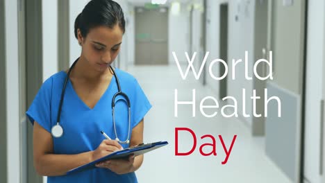 Animation-of-world-health-day-text-over-smiling-asian-female-doctor-writing-in-hospital-corridor
