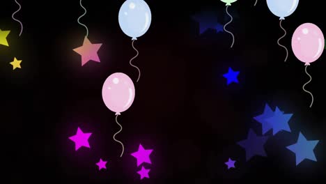 Animation-Von-Luftballons-über-Bunten-Sternen-Auf-Schwarzem-Hintergrund