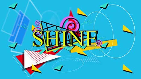 Animation-of-shine-text-in-yellow-with-colourful-geometric-shapes-on-blue-background