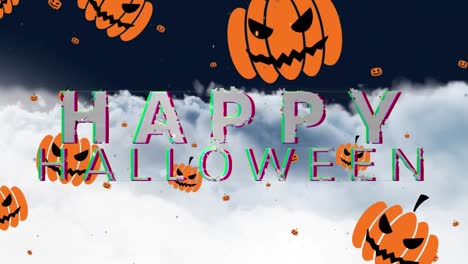 Animation-Eines-Fröhlichen-Halloween-Textes-über-Kürbissen,-Die-Auf-Blauen-Hintergrund-Fallen
