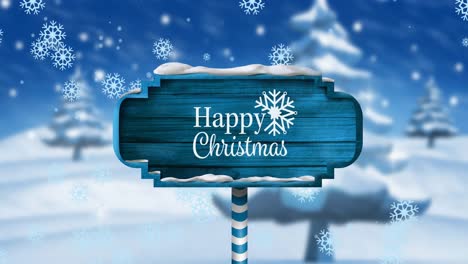 Animation-of-falling-snowflakes-over-wooden-sign-with-happy-christmas-text