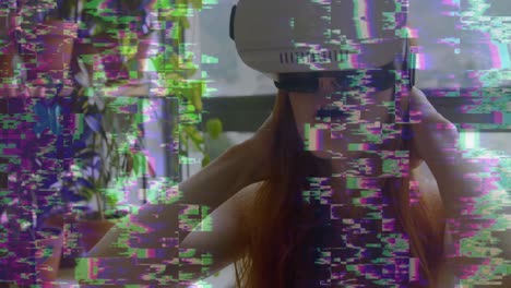 Animation-of-data-processing-and-interference-over-woman-wearing-vr-headset