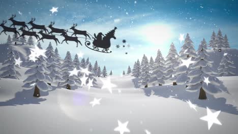 Animation-of-santa-claus-in-sleigh-with-reindeer-over-snow,-stars-falling-and-winter-landscape
