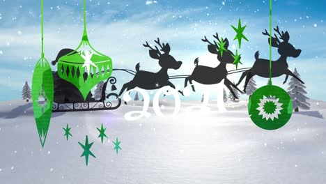 Animation-of-2021-text-with-baubles-over-santa-claus-in-sleigh-with-reindeer-over-winter-landscape