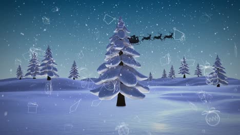 Animación-De-Santa-Claus-En-Trineo-Con-Renos-Sobre-Nieve,-Decoraciones-Cayendo-Y-Paisaje-Invernal
