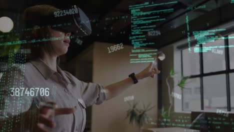 Animation-of-data-processing-over-asian-businesswoman-using-vr-headset