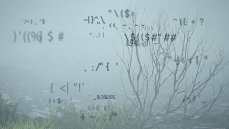 Digital-composition-of-multiple-changing-symbols-against-landscape-with-trees