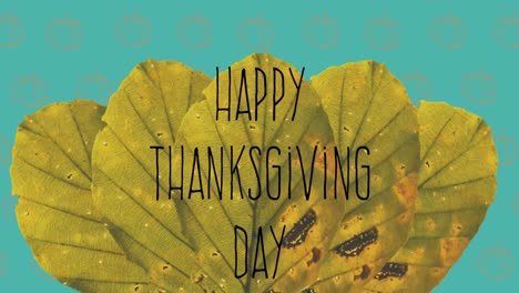 Happy-thanksgiving-day-text-on-autumn-leaves-against-pumpkin-icons-in-seamless-on-yellow-background