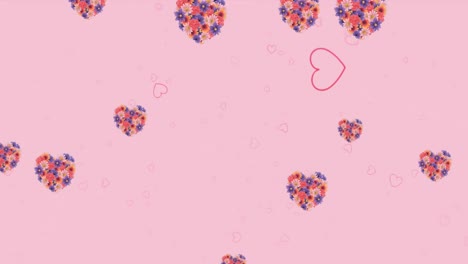 Animation-Von-Roten-Herzen-Und-Blumensymbolen,-Die-Auf-Rosa-Hintergrund-Schweben