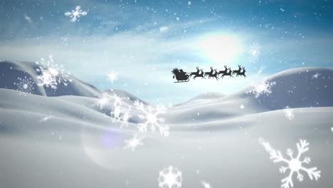Animation-of-santa-claus-in-sleigh-with-reindeer-over-snow-falling-and-winter-landscape
