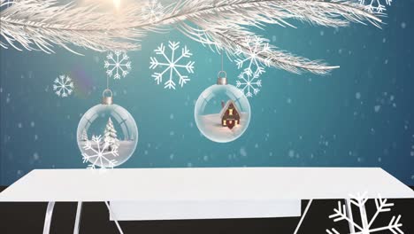 Animation-of-snow-falling-over-fir-tree-with-baubles