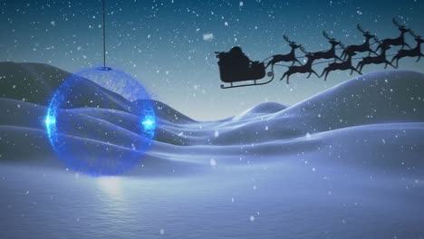 Animation-of-santa-claus-in-sleigh-with-reindeer-over-snow-falling,-bauble-and-winter-landscape
