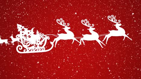 Animation-Von-Weihnachtsmannschlitten-Und-Schnee,-Der-Auf-Roten-Hintergrund-Fällt
