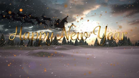 Animation-of-happy-new-year-text-over-santa-claus-in-sleigh-with-reindeer-over-winter-landscape