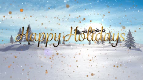 Animation-of-happy-holidays-text-over-santa-claus-in-sleigh-with-reindeer-over-winter-landscape