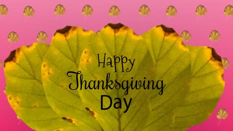 Happy-thanksgiving-day-text-over-autumn-leaves-icons-in-seamless-pattern-on-pink-gradient-background