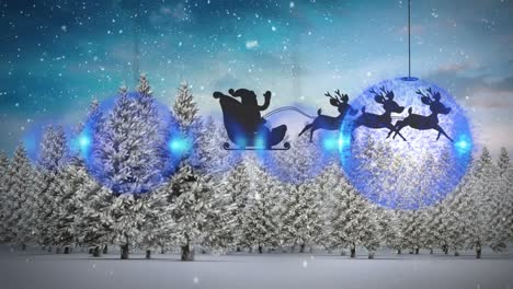 Animation-of-santa-claus-in-sleigh-with-reindeer-over-snow-falling,-baubles-and-winter-landscape