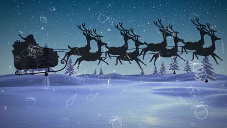 Animation-of-santa-claus-in-sleigh-with-reindeer-over-snow,-decorations-falling-and-winter-landscape