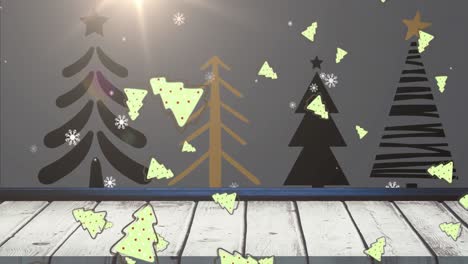 Animation-of-snow-and-trees-falling-over-christmas-trees-on-black-background