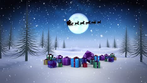 Animation-of-santa-claus-in-sleigh-with-reindeer-over-snow-falling,-presents-and-winter-landscape