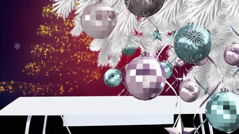 Animation-Eines-Weihnachtsbaums-Mit-Dekorationen-über-Fallendem-Schnee-Und-Leuchtenden-Flecken-Auf-Rotem-Hintergrund