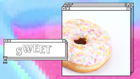Animation-of-sweet-in-white-text-in-stacked-window,-with-iced-ring-doughnut,-on-blue-and-pink