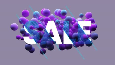 Animation-of-sale-in-white-and-blue-text-with-purple-and-blue-balls-floating-on-grey-background