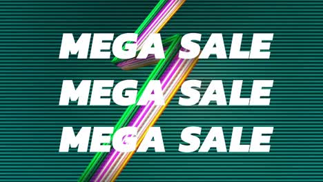 Animation-of-mega-sale-in-white-text-with-colourful-distortion-over-coloured-streak-on-green-lines