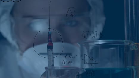 Animation-of-mathematical-equations-over-female-scientist-holding-syringe