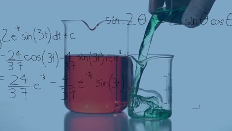 Animation-of-mathematical-equations-over-scientist-holding-beaker