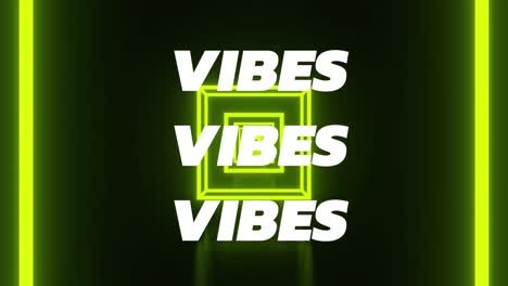 Animation-of-vibes-in-white-and-colourful-text-over-glowing-yellow-neon-cubes