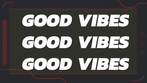 Animation-of-good-vibes-in-white-and-colourful-text-with-red-lines-on-black-background