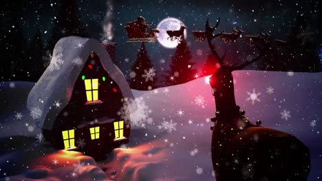 Animation-of-santa-claus-in-sleigh-over-snow-falling,-reindeer,-house-and-winter-landscape