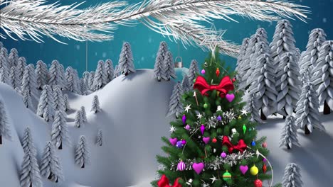 Animation-Eines-Weihnachtsbaums-Mit-Dekorationen-über-Fallendem-Schnee-Und-Winterlandschaft