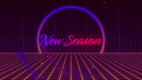 Animation-of-new-season-in-purple-and-pink-text-with-ring,-grid-and-light-trails-on-black-background