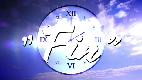Animation-Von-Flossentext-über-Der-Uhr,-Der-Sich-Schnell-Auf-Dem-Himmelshintergrund-Bewegt