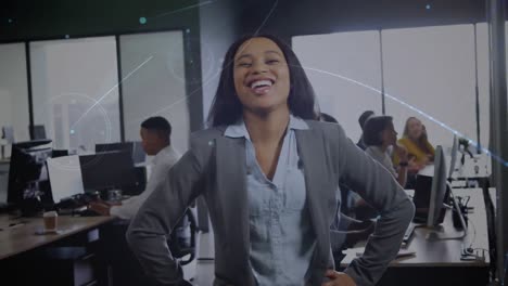 Animation-of-networks-of-connections-over-smiling-mixed-race-businesswoman-in-office