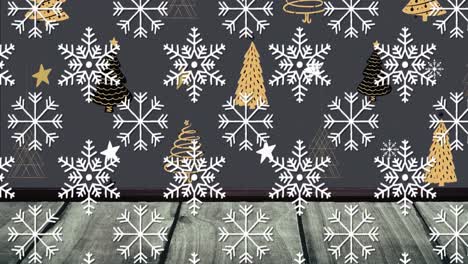 Animation-of-snow-falling-over-christmas-trees-and-decorations-on-black-background