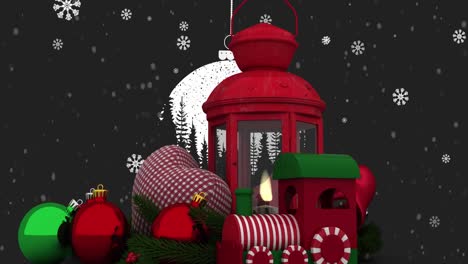 Animation-of-christmas-decorations-with-baubles-and-lantern-over-snow-falling-on-black-background